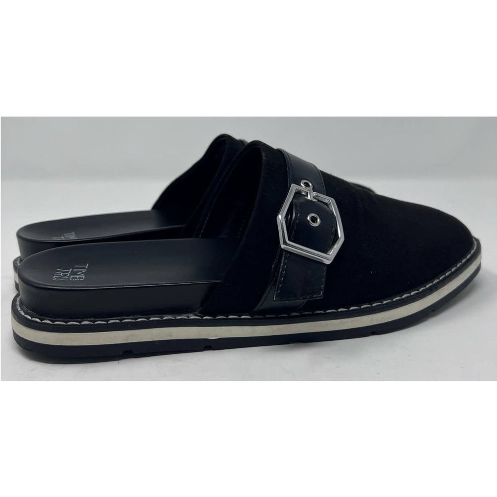 Time and Tru Women's Black Faux Suede Buckle Mules Size 8